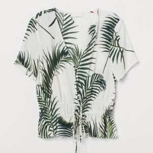 H&M tropical palm tree leaf vneck front tie blouse 2/XS